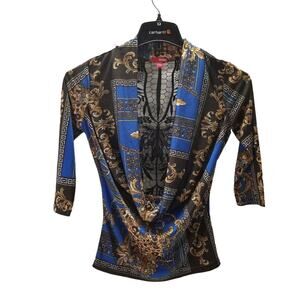 Bongo Woman Size S Blue/Brown Barrocc Printed Dragged Neck Top/Laced In Back